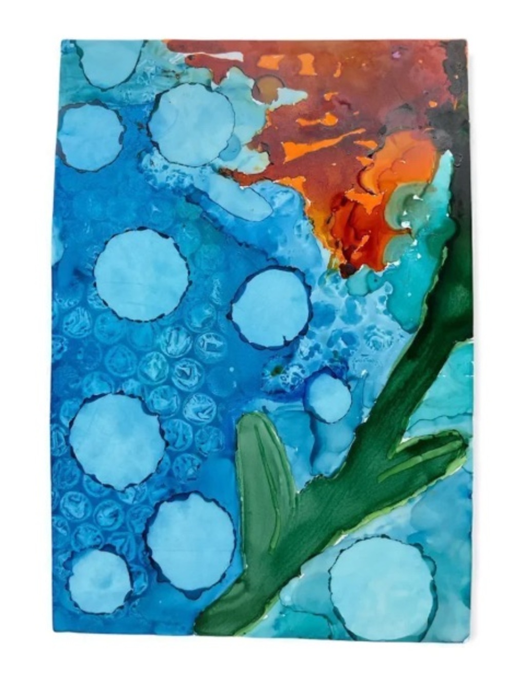 Handmade Alcohol Paint "Flower in the Morning Frost" Blue, Green, Orange